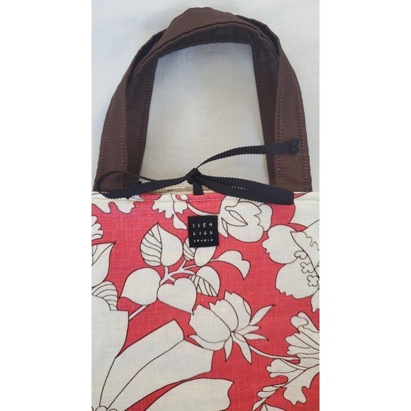 Small Lisa Lill Studio Brown Beige Pink Flower Bag Tote Tie Closure Reversible - Picture 9 of 10